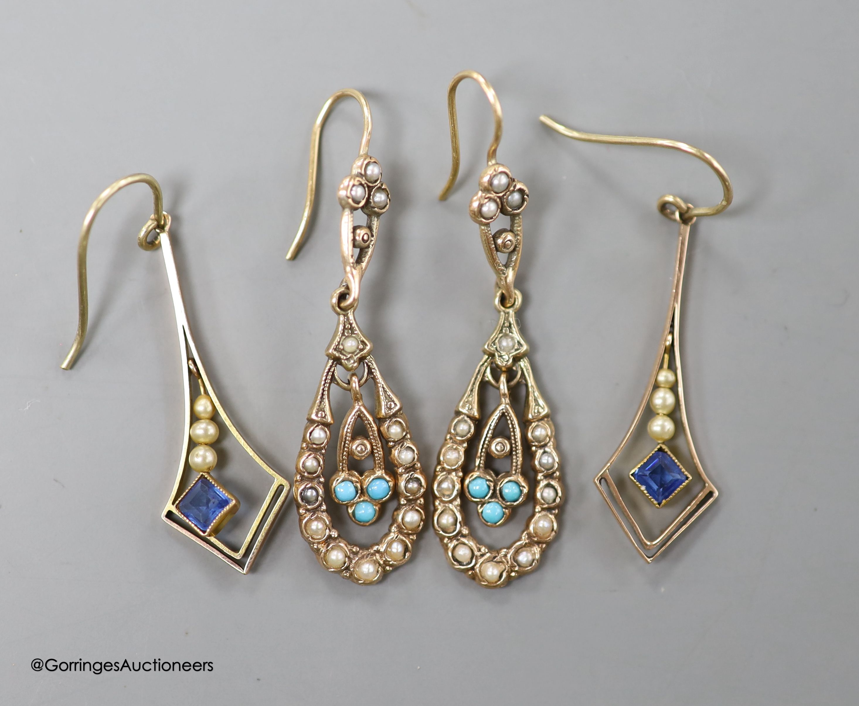 Two pairs of late Victorian yellow metal and gem set drop earrings, including turquoise and seed pearl stamped 9ct, 40mm